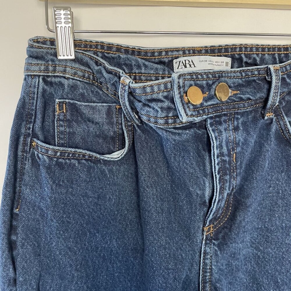 Zara medium wash denim jeans straight leg women's size 6 pockets double buttons - Picture 2 of 7